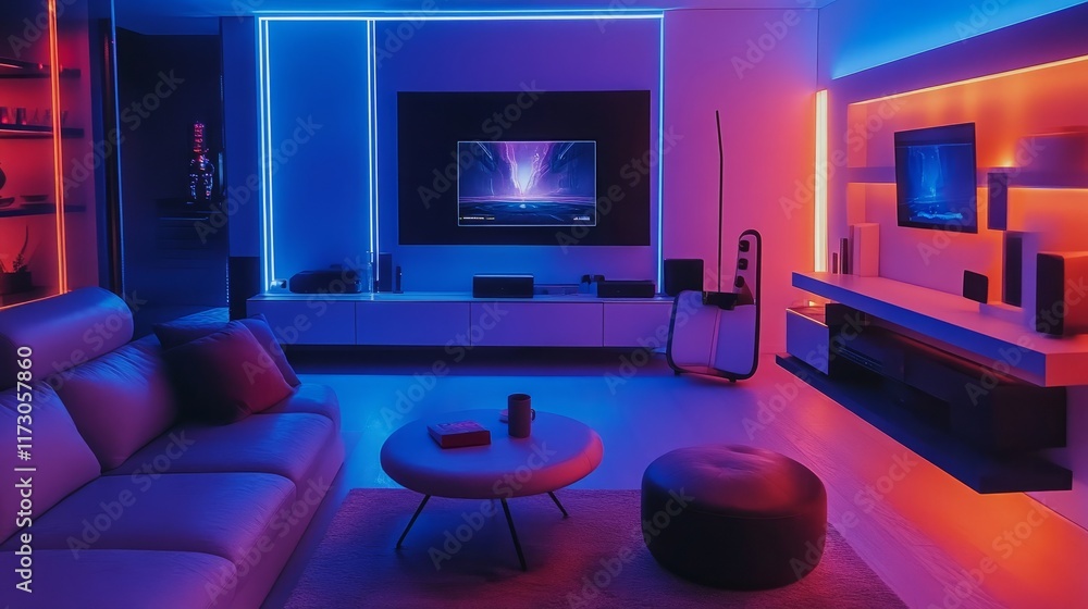 High-tech living room design with LED accent lights, minimal furniture, and a cozy yet futuristic vibe for gaming or watching movies. High-tech living room design with LED accent lights, minimal furniture, and a cozy yet futuristic vibe for gaming or watching movies.