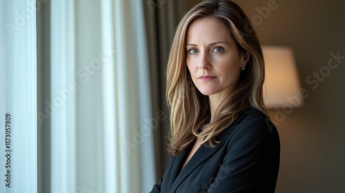 A professional woman with a focused look, standing near a window with soft natural lighting streaming in, reflecting determination Free Download A professional woman with a focused look, standing near a window with soft natural lighting streaming in, reflecting determination - GFXLoad