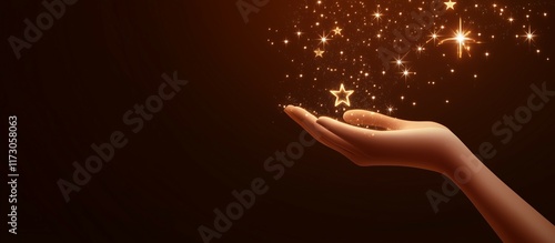 Hand holding with glowing stars on a dark background, a concept of a god or a supplicant's hand praying for blessings and life from heaven photo