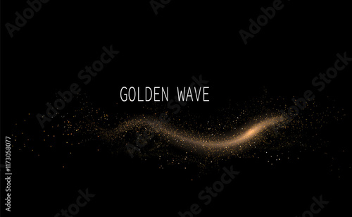 Isolated gold ribbon with shiny tinsel on black background, design element.