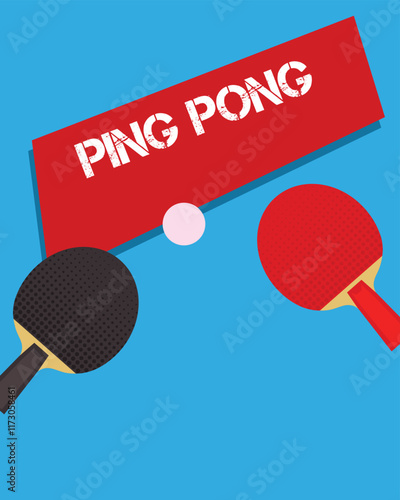 Ping pong rackets with ball on blue background. Vector poster flat style. Illustration table tennis