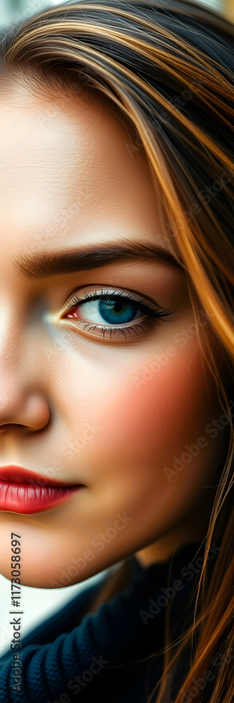 Fototapeta premium Extreme close-up macro shot of a woman's eye and facial features with vibrant complementary colors and intricate details