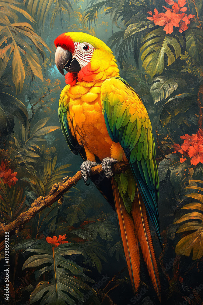 Fototapeta premium Bright macaw perched on a branch, turning its head to survey a jungle canopy brimming with life,