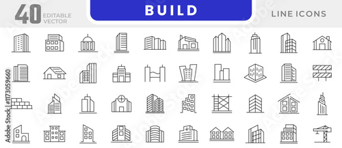 Build line icon set. containing house, office, bank, school, hotel, city, villa, hospital, shop, casino, real estate, church, sports stadium, medical hospital line icon set. Ui thin line icon pack.