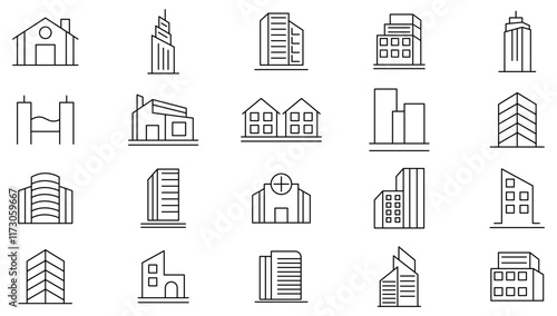 Build line icon set. containing house, office, bank, school, hotel, city, villa, hospital, shop, casino, real estate, church, sports stadium, medical hospital line icon set. Ui thin line icon pack.