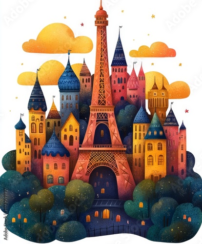 Whimsical Parisian Cityscape Illustration Featuring Eiffel Tower and Charming Architecture