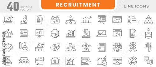 Rectuitment line icon set. Application, job, hire, work, appointment, resume, speech, online, television, defense, debate, time, presentation line icon set. UI thin line icon pack.