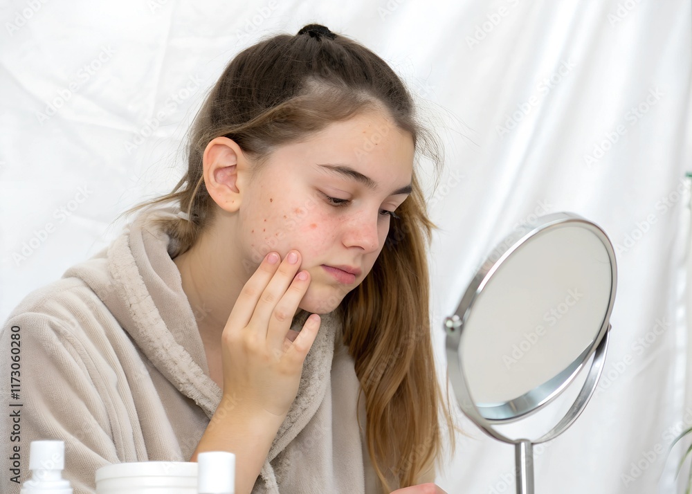 Teenage girl with acne problem applying cream on white background Teenage girl with acne problem applying cream on white background