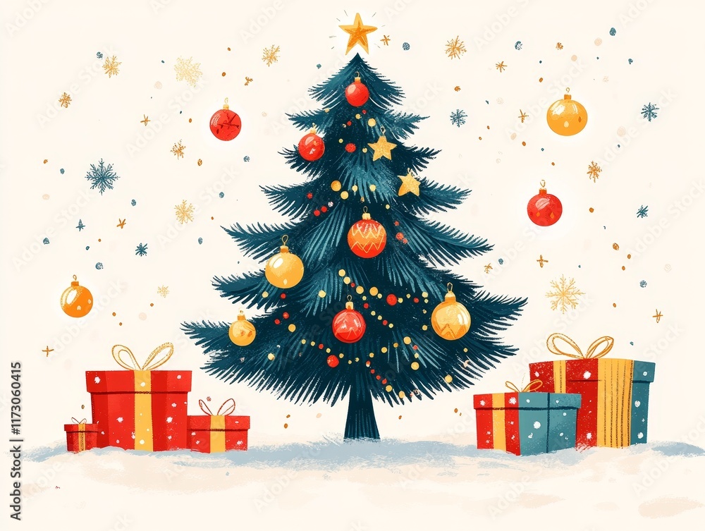 Obraz premium Festive Christmas Tree Illustration With Bright Decorations and Wrapped Gifts