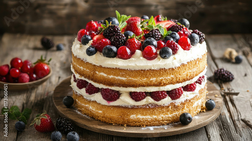 Wallpaper Mural Traditional Homemade Layered Birthday Cake with Fresh Berries and Cream Topping Torontodigital.ca