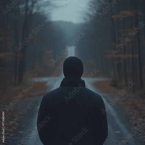 Decision Point Individual Contemplating Life Choices at a Forked Road in a Misty Forest Emotional Landscape Reflective Viewpoint photo