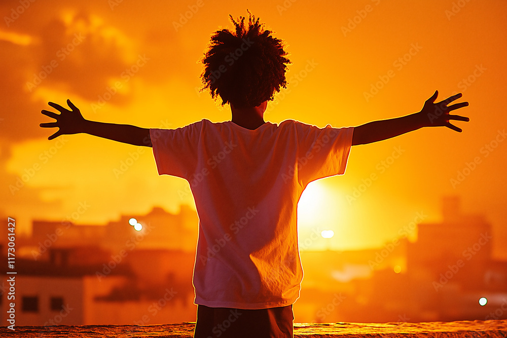 Fototapeta premium Black man stands on rooftop with arms outstretched against a vibrant sunset backdrop