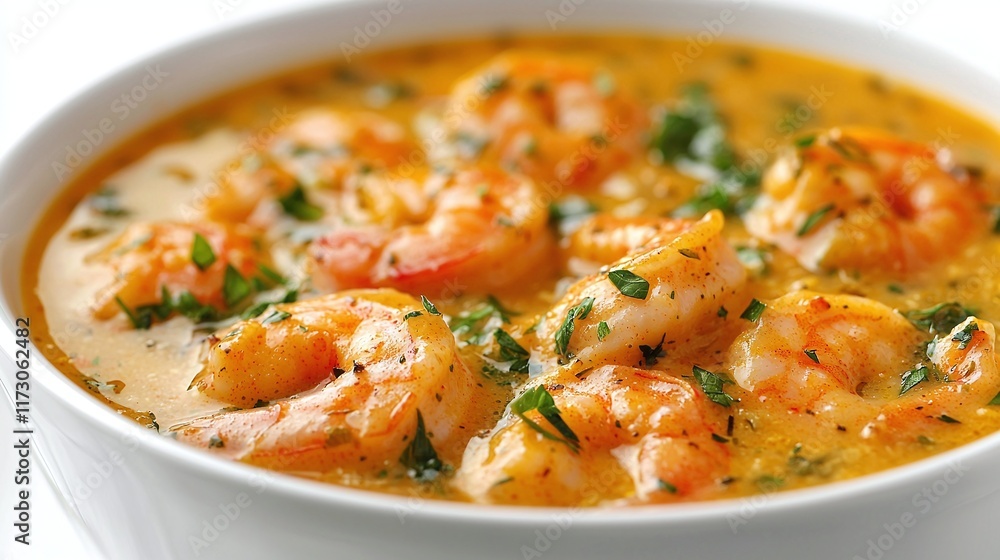 Creamy shrimp soup in a white bowl, garnished with parsley. Creamy shrimp soup in a white bowl, garnished with parsley.