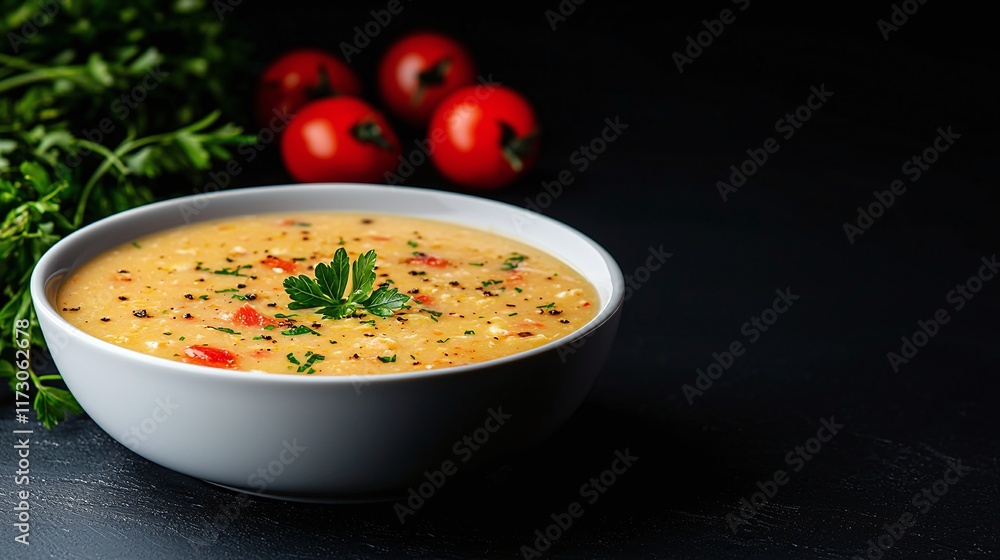Creamy corn soup in bowl with parsley and cherry tomatoes. Creamy corn soup in bowl with parsley and cherry tomatoes.