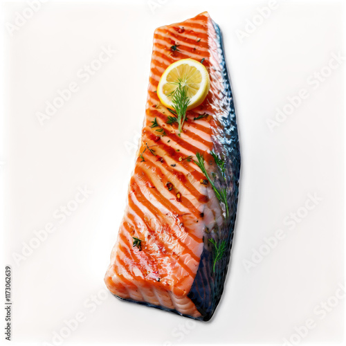 Perfectly Grilled Salmon Fillet with Lemon and Dill on Transparent Background (PNG)