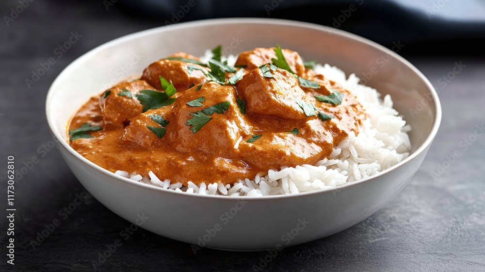 Creamy chicken tikka masala served with fluffy white rice in a bowl. Creamy chicken tikka masala served with fluffy white rice in a bowl.