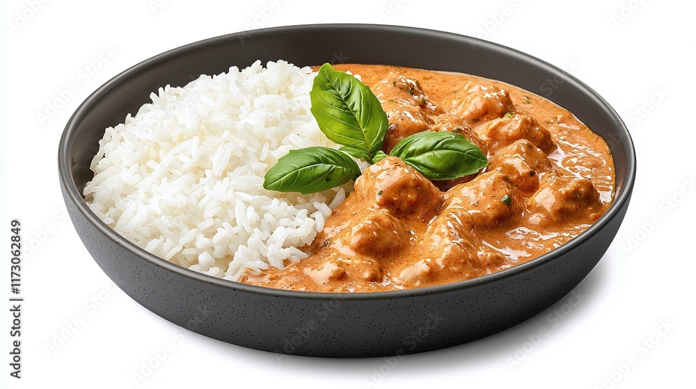 Creamy chicken curry served with white rice in a dark bowl, garnished with basil. Creamy chicken curry served with white rice in a dark bowl, garnished with basil.