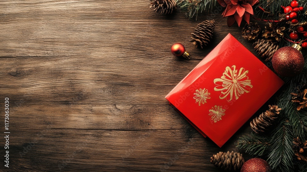 A red packet designed with golden symbols of prosperity, resting on a wooden table adorned with festive decorations A red packet designed with golden symbols of prosperity, resting on a wooden table adorned with festive decorations