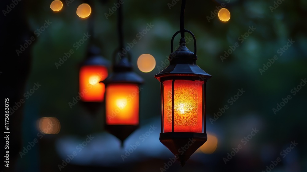 Three glowing lanterns hanging softly in a twilight setting, creating a warm ambiance.