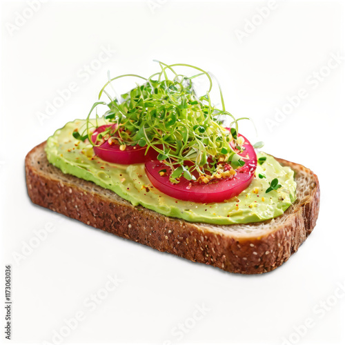 Vibrant Avocado Toast with Radish and Microgreens on Transparent Background (PNG)