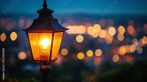 Warm Glowing Classic Street Lamp with Blurred City Lights and Bokeh Effect. photo