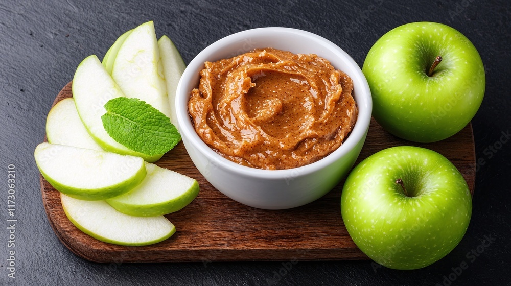Creamy caramel dip served with sliced green apples on a wooden board. Creamy caramel dip served with sliced green apples on a wooden board.