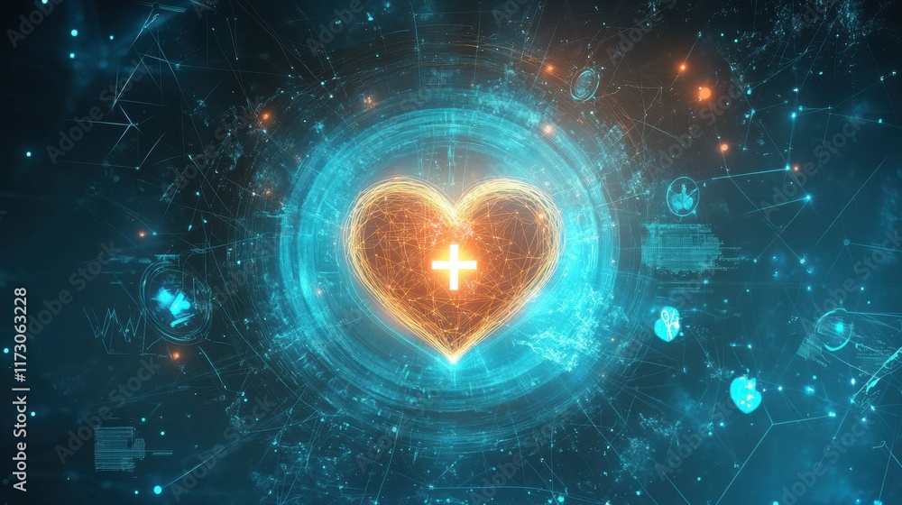 Obraz premium A serene scene of a glowing heart symbol surrounded by a soft blue aura, with medical icons like a stethoscope and cross seamlessly integrated