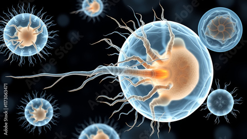 Brain-eating amoeba infection, naegleriasis. Flagellate forms, trophozites and cysts of the parasite Naegleria fowleri, 3D illustration photo