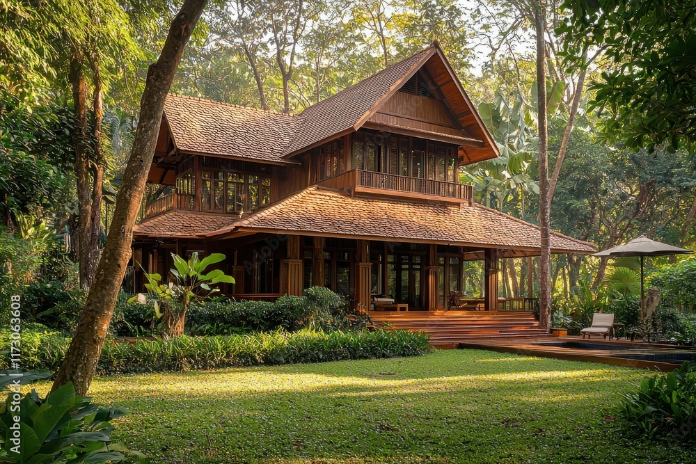 Serene wooden house surrounded by lush greenery in a peaceful garden setting during the afternoon sunlight. Generative AI Serene wooden house surrounded by lush greenery in a peaceful garden setting during the afternoon sunlight. Generative AI