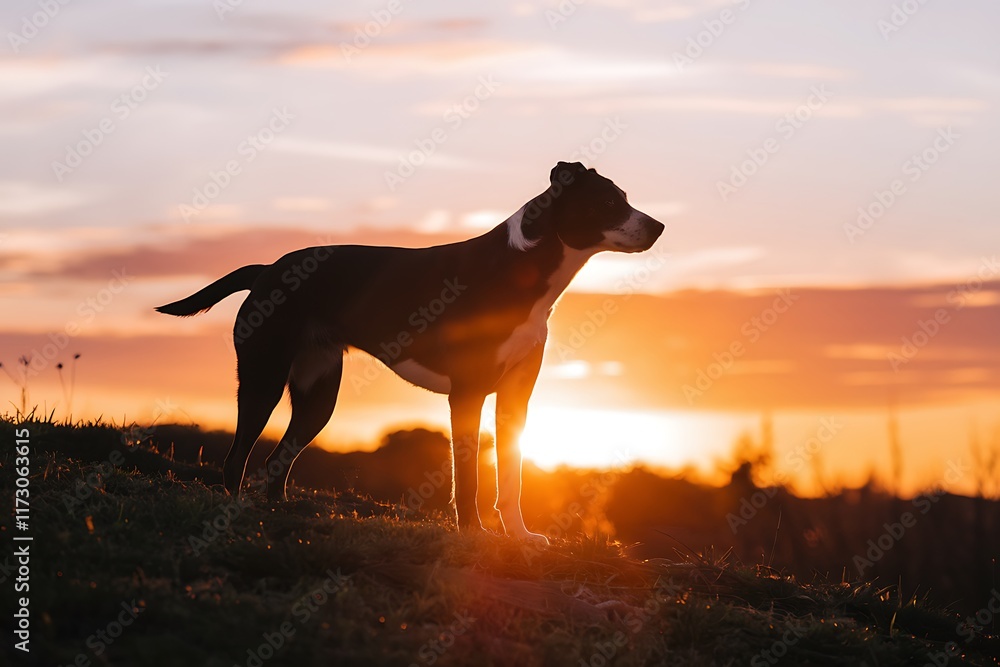 A black and white dog stands in silhouette against a vibrant sunset. The suns golden light illuminates the scene, creating a dramatic and peaceful atmosphere. A black and white dog stands in silhouette against a vibrant sunset. The suns golden light illuminates the scene, creating a dramatic and peaceful atmosphere.