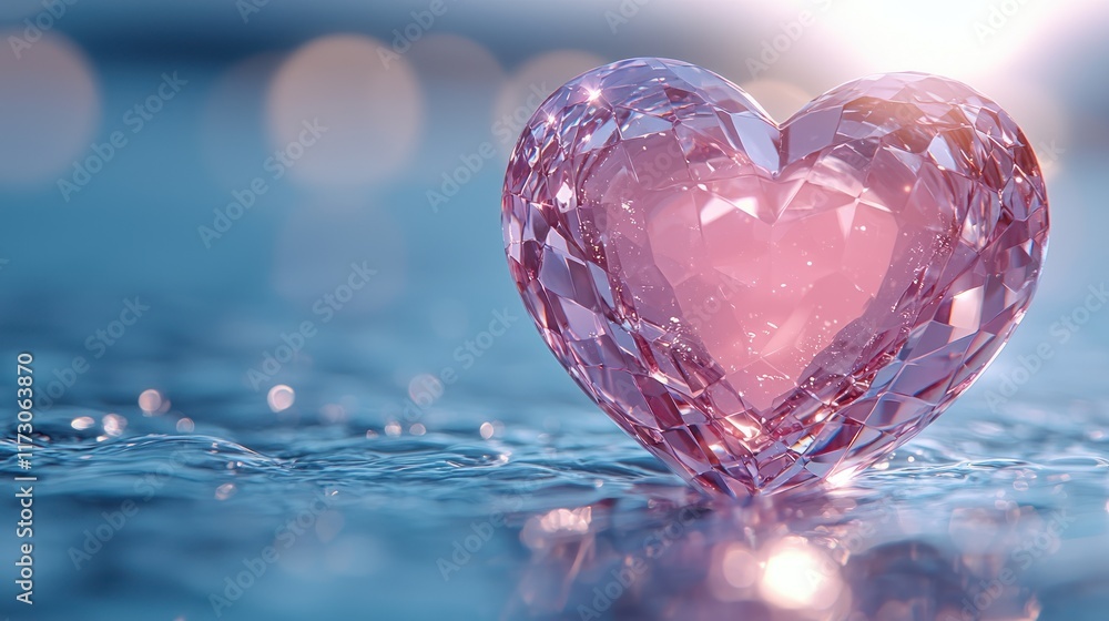 Fototapeta premium A sparkling pink crystal heart on a reflective surface.