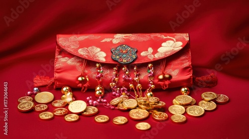 A traditional red packet paired with golden coins and lucky charms, arranged neatly on a vibrant red background photo