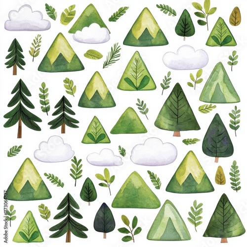 Watercolor Mountains Trees Clouds Leaves Nature Pattern Background Illustration