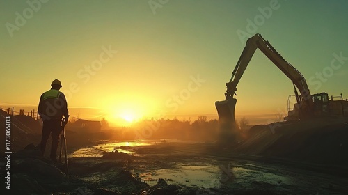Wallpaper Mural Construction Worker Overseeing Concrete Pouring at Sunrise Site Torontodigital.ca