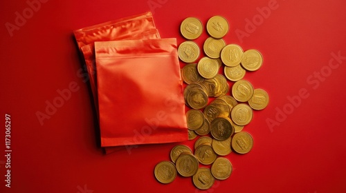 A traditional red packet paired with golden coins and lucky charms, arranged neatly on a vibrant red background photo