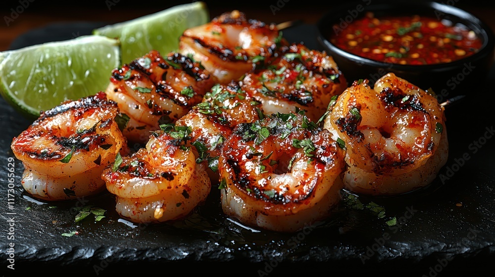 Grilled shrimp with lime and dipping sauce. Grilled shrimp with lime and dipping sauce.