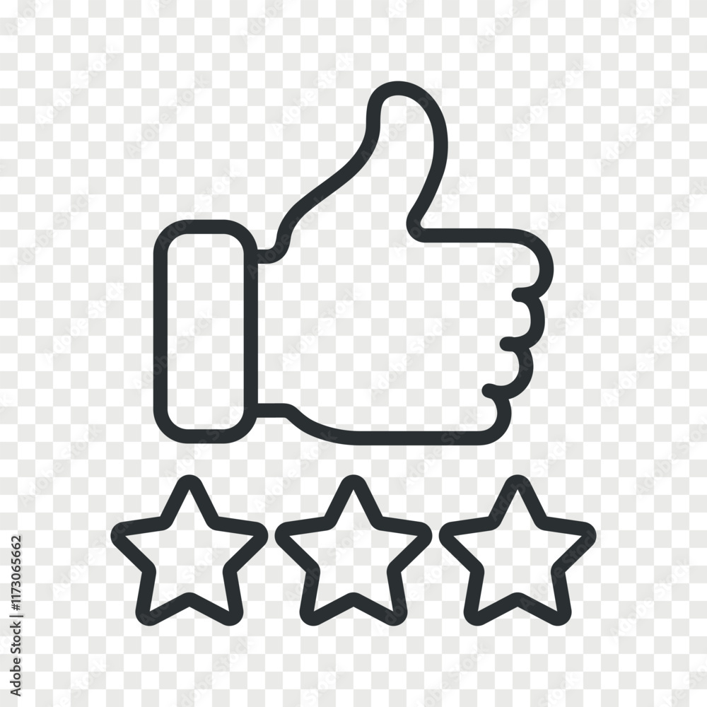 Rating icon, three stars review and thumb up. Vector linear icon