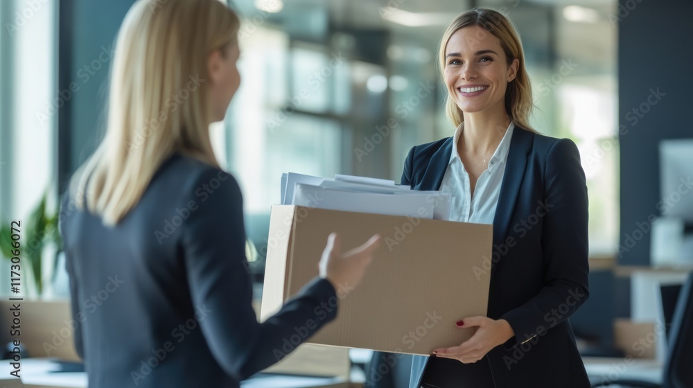 A woman handing a box of documents to her team member, both smiling naturally in a spacious office with soft light streaming in A woman handing a box of documents to her team member, both smiling naturally in a spacious office with soft light streaming in
