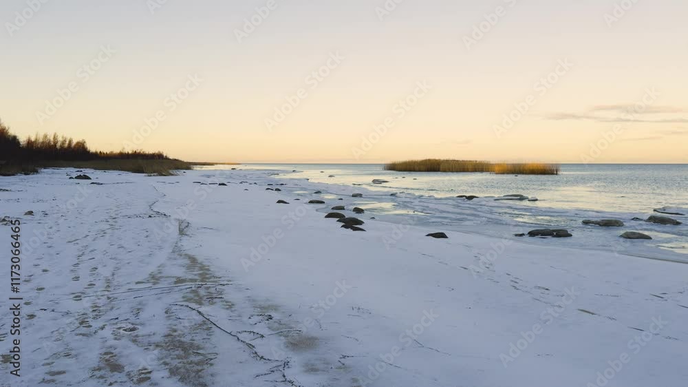 A serene winter scene of a frozen shoreline along Lake Ladoga with scattered rocks partially covered by ice, reflecting the soft hues of sunset in the distance