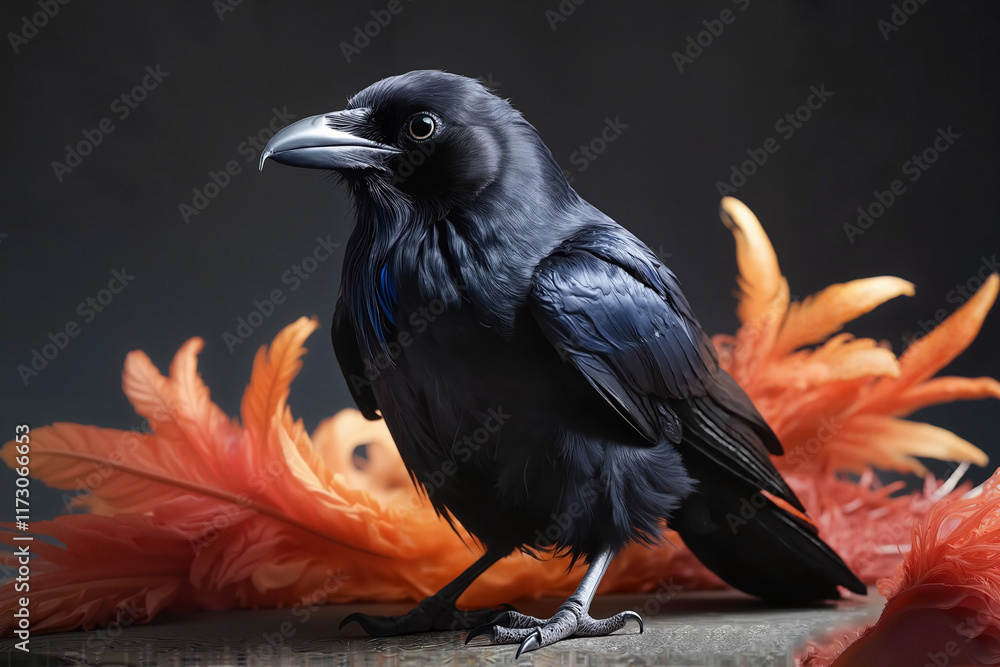 Mysterious Black Raven with Intense Gaze Against Dramatic Orange Background Mysterious Black Raven with Intense Gaze Against Dramatic Orange Background
