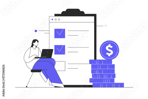 Planning financial budget. Character analyzing personal money and accounts, calculating finance, creating strategy with Checklist. Flat Cartoon Vector Illustration, icon. Stylish abstract