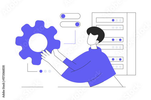 System administrator. Man monitoring server racks infrastructure, checks problems, doing maintenance and technical repair. Flat Cartoon Vector Illustration, icon