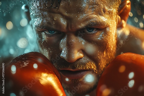 Intense close-up of a sweaty boxer's face.