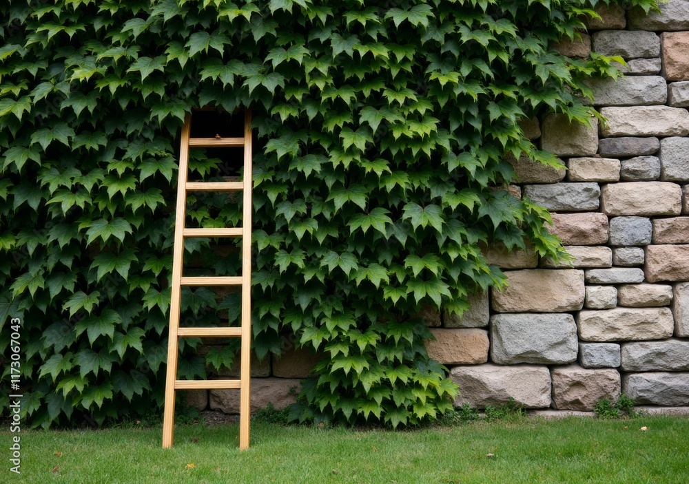 Wooden ladder leaning against a lush green ivy-covered stone wall in daylight Wooden ladder leaning against a lush green ivy-covered stone wall in daylight