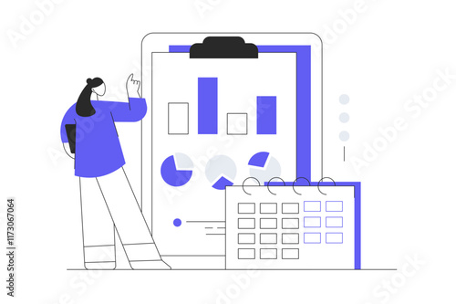 Planning financial budget. Character analyzing personal money and accounts, calculating finance, creating strategy with calendar. Flat Cartoon Vector Illustration, icon. Stylish abstract