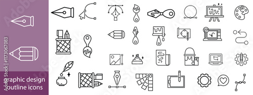 Set of thin line icons of graphic design. Simple linear icons in a modern style flat, Creative Process. Graphic design, creative package, stationary, software and more