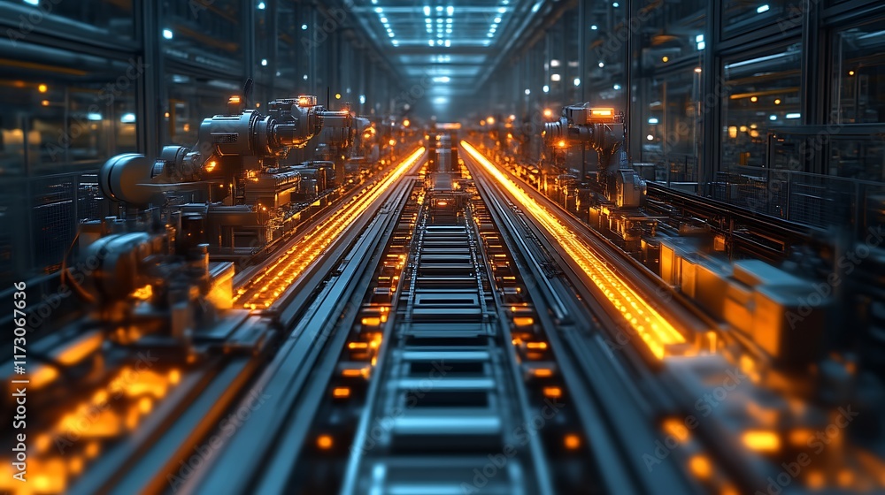 Futuristic factory with glowing metal production line. Futuristic factory with glowing metal production line.