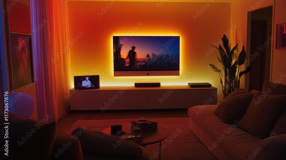 Modern living room illuminated by LED strips around the walls and TV, creating a glowing ambiance for immersive entertainment Modern living room illuminated by LED strips around the walls and TV, creating a glowing ambiance for immersive entertainment