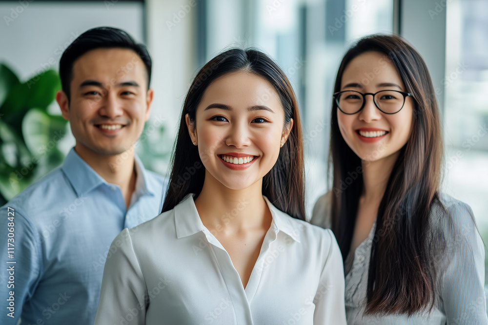 Portrait of happy Asian business marketing team in office. Colleagues, teamwork concept Portrait of happy Asian business marketing team in office. Colleagues, teamwork concept