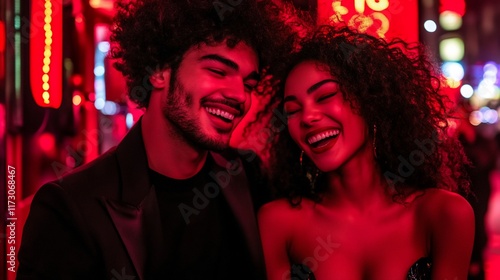 Happy couple laughing in neon city lights.